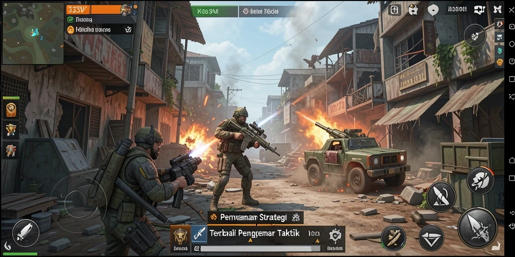 Screenshot utama 333V menampilkan pertempuran strategi yang mendebarkan.