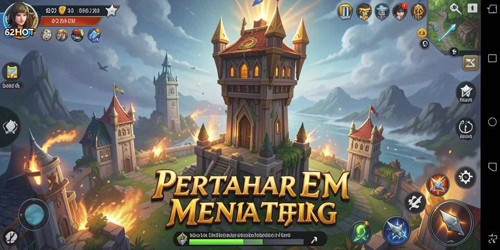 Screenshot gameplay 62HOT menampilkan pertarungan menara mempertahankan markas.