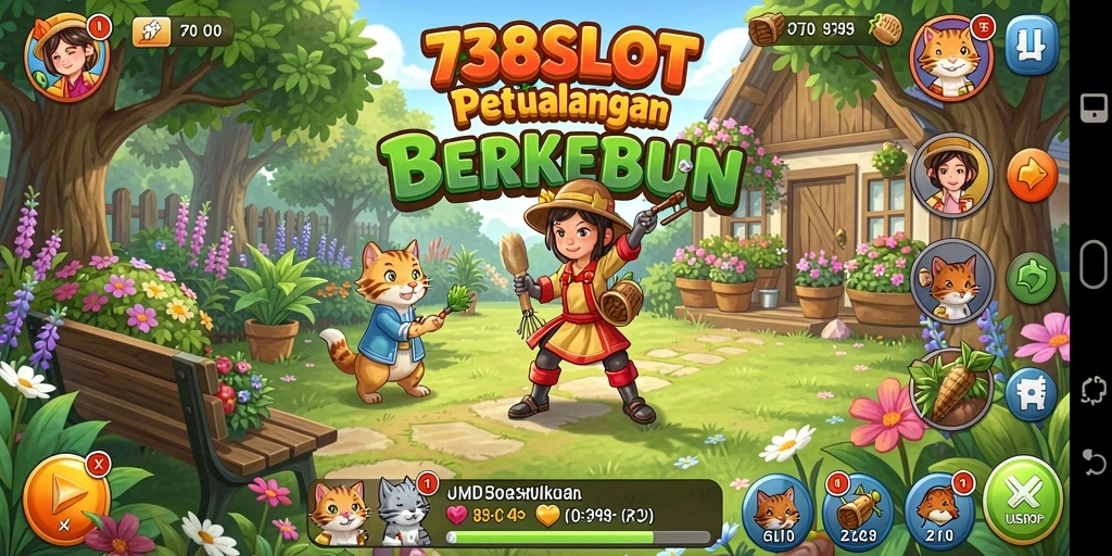 Tampilan gameplay yang menarik dalam 738SLOT dengan aktivitas berkebun.