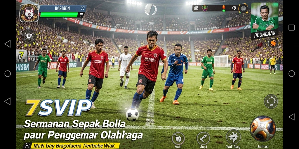 Screenshot gameplay dari 7SVIP menampilkan aksi pertandingan sepak bola yang mendebarkan.
