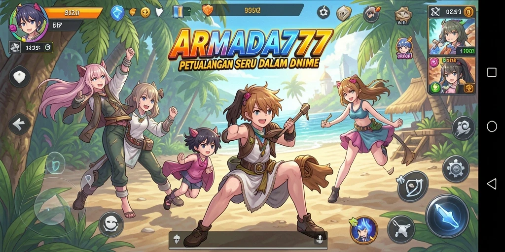 Tangkapan layar dari ARMADA777 menampilkan aksi karakter anime yang mendebarkan.