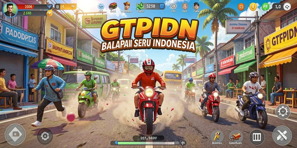 Tampilan gameplay GTPIDN dengan mobil melaju kencang di trek balapan.