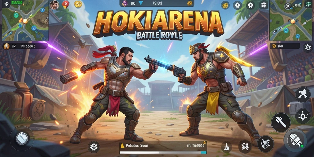 Gameplay HOKIARENA yang menegangkan dalam arena Battle Royale.