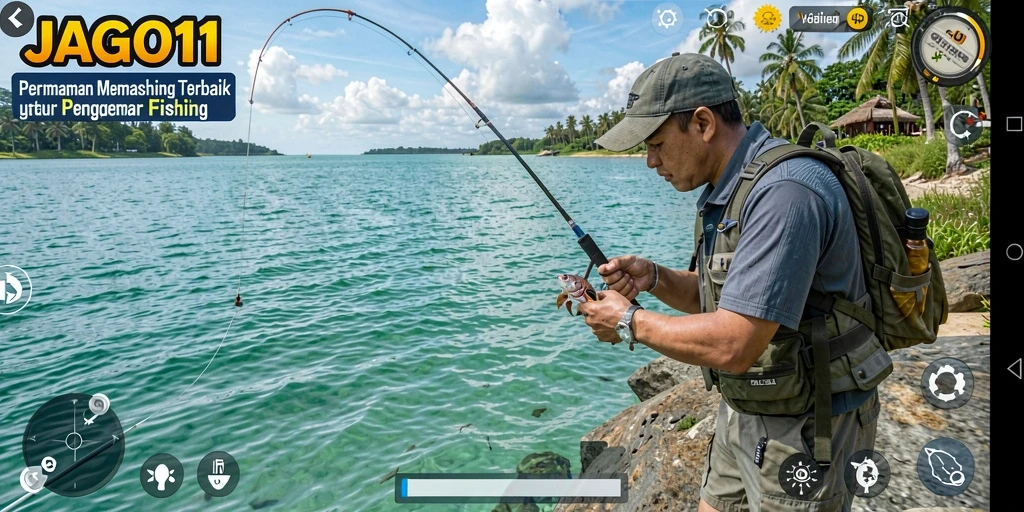 Tampilan gameplay JAGO11 yang mendebarkan saat memancing ikan besar.