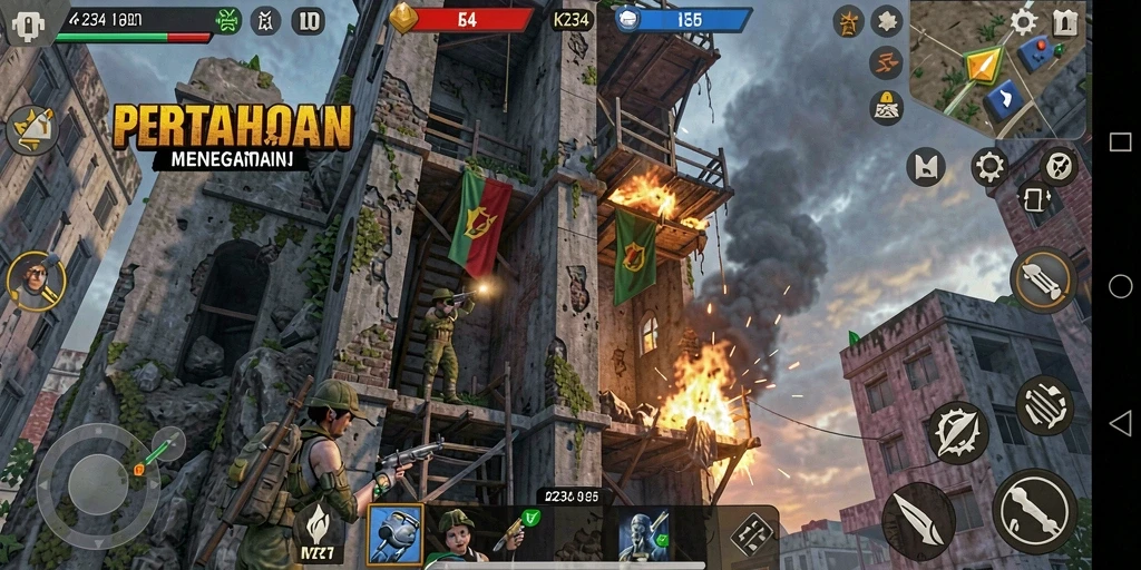 Tampilan menara dan musuh dalam gameplay K234 yang mendebarkan.