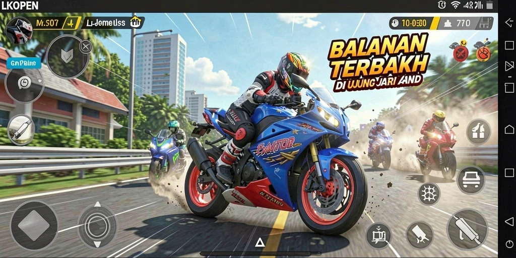 Gameplay seru balapan motor di tengah trek berliku.