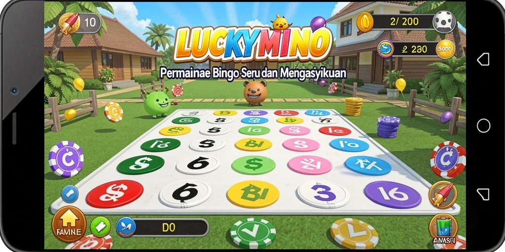 Gameplay LUCKYMINO menampilkan keseruan bermain Bingo dengan teman.