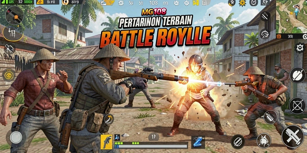 Screenshot MG108 menampilkan aksi pertarungan Battle Royale yang seru.