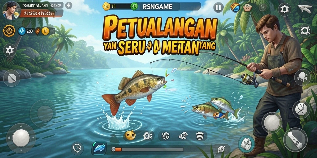 Gameplay RSNGAME menampilkan keseruan memancing dengan beragam ikan.