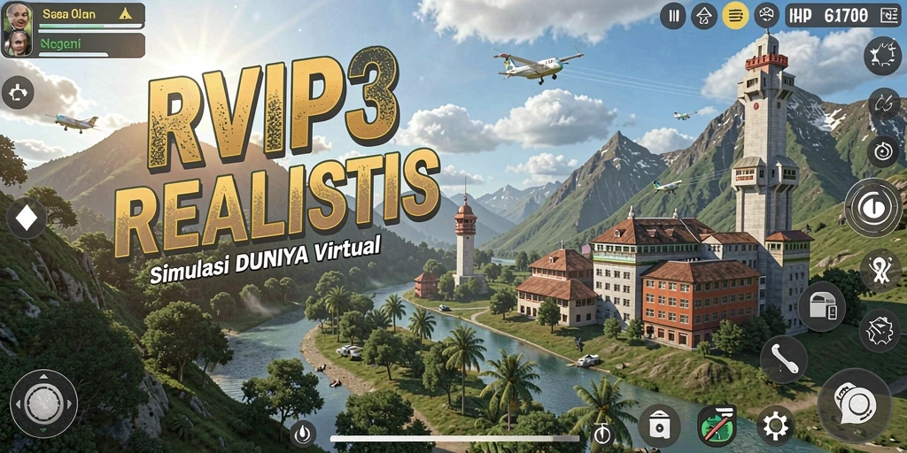 Screenshot gameplay RVIP3 menampilkan dunia virtual yang mendetail dan interaksi sosial yang dinamis.