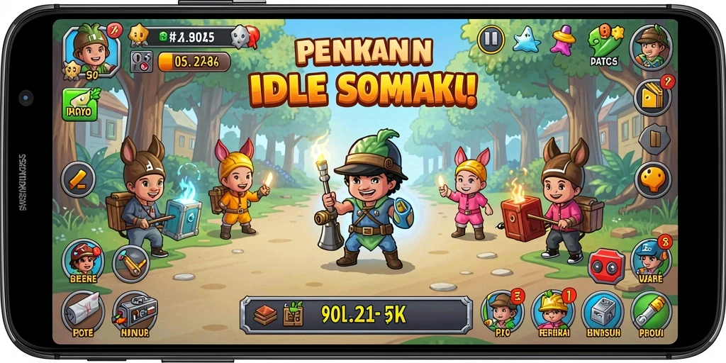Screenshot utama V07 menunjukkan gameplay Idle yang menawan dan interaktif.