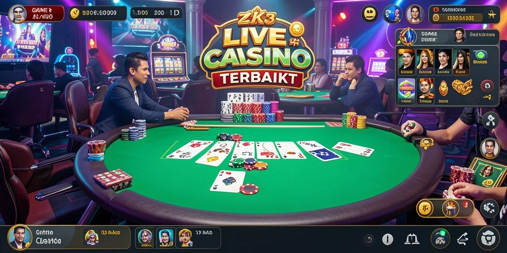 Screenshot gameplay ZK3 menunjukkan suasana kasino yang hidup dan interaktif.